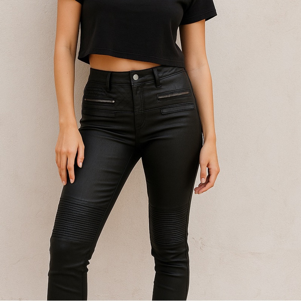 NWT Zara Black Skinny Biker Pants Quilted Coated Slim Fit Whimsigoth Women’s 4